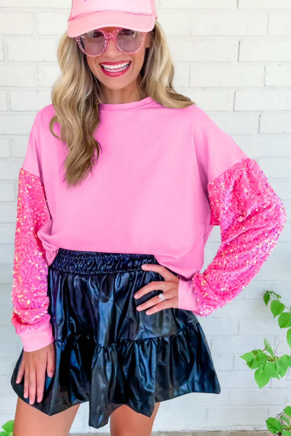 Pink Sequin Patchwork Long Sleeve Pullover Sweatshirt