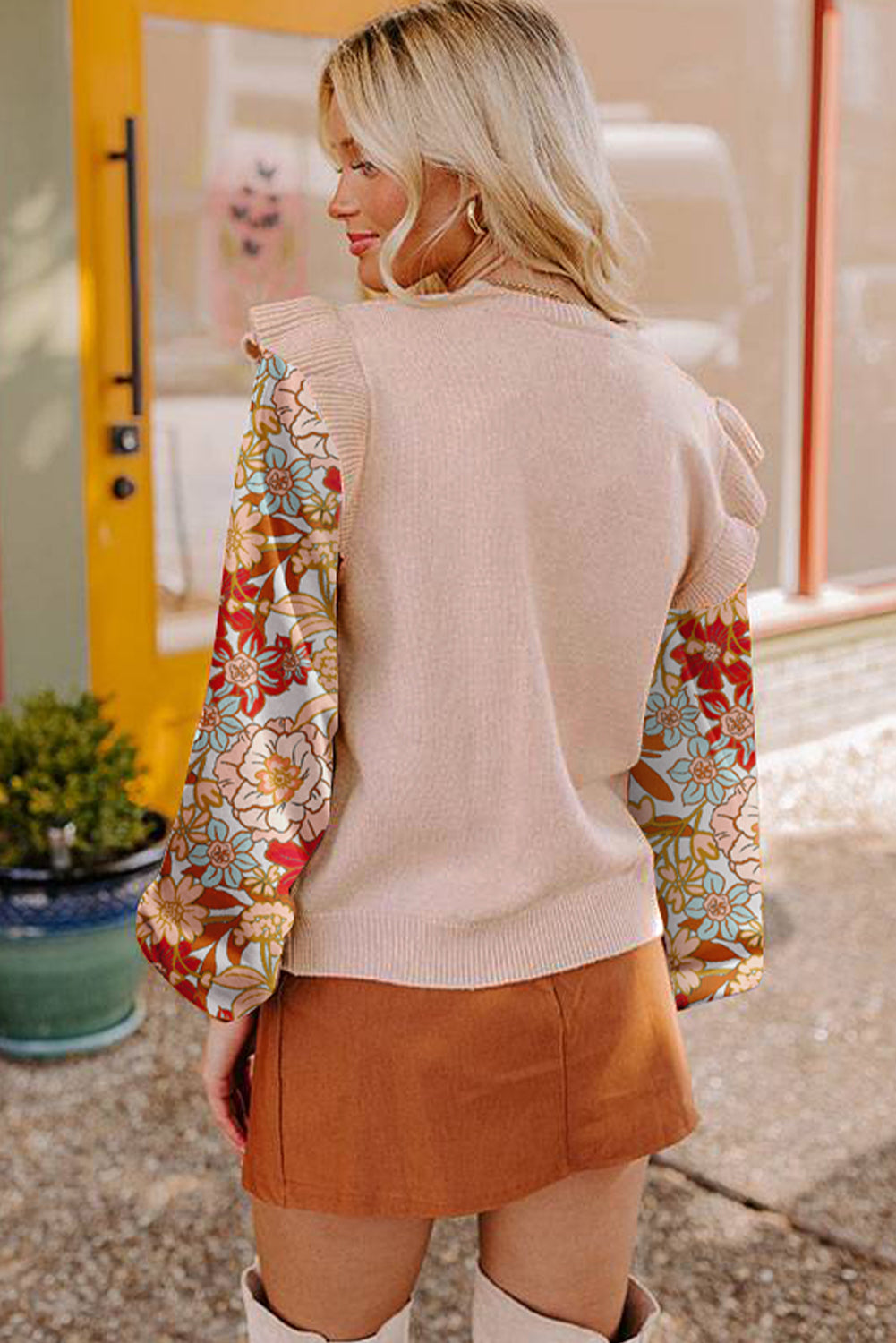 A Parchment Cable Knit Ruffle Detail Contrast Floral Sleeve Patchwork Sweater
