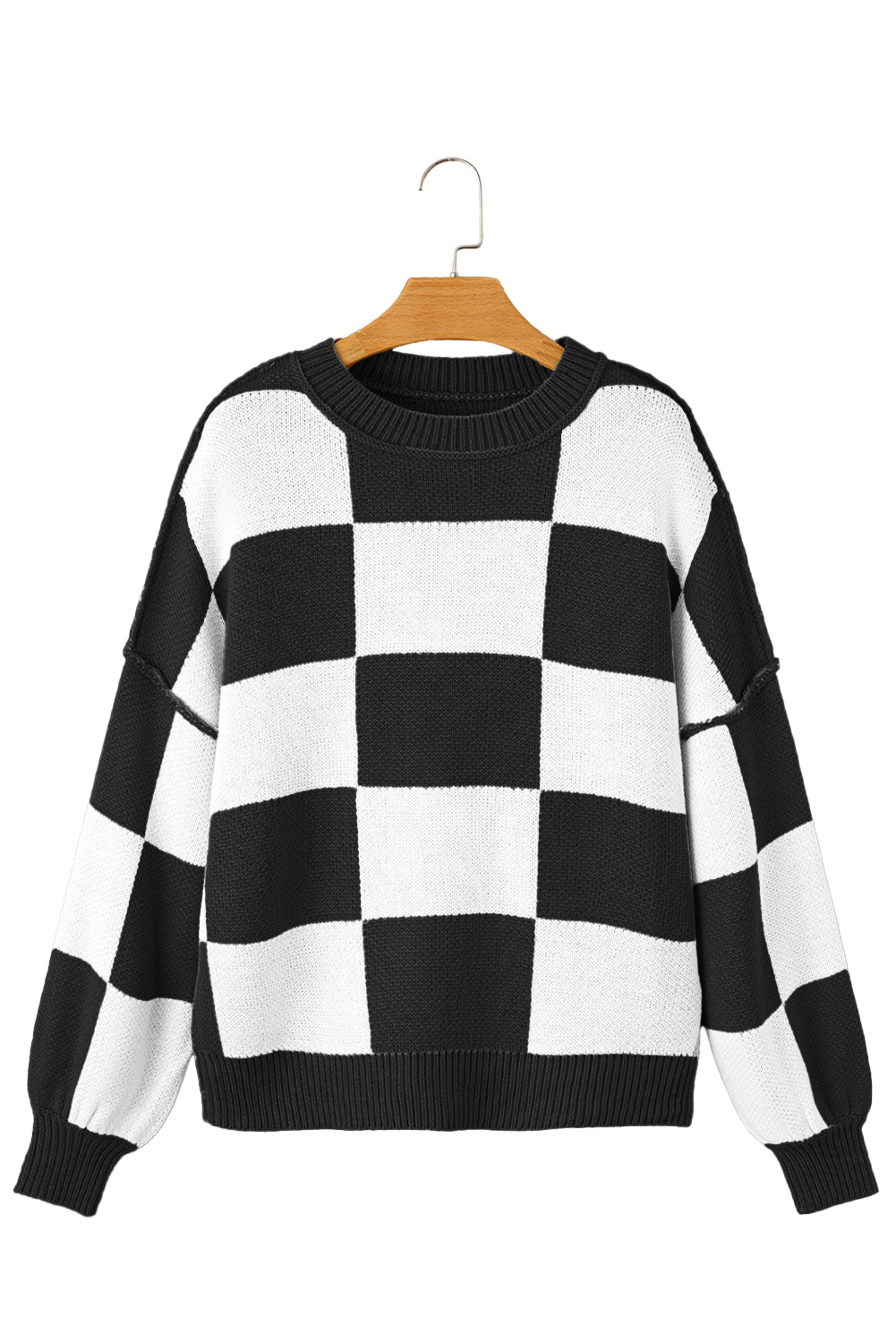 Rose Checkered Bishop Sleeve Pullover Sweater