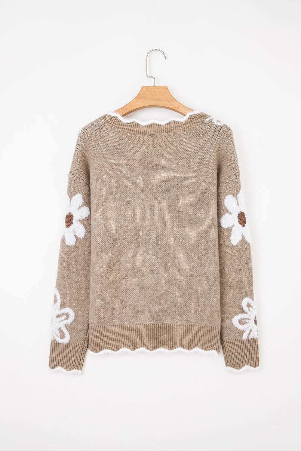Dusk Blue Jacquard Floral Scallop V-neck Sweater
