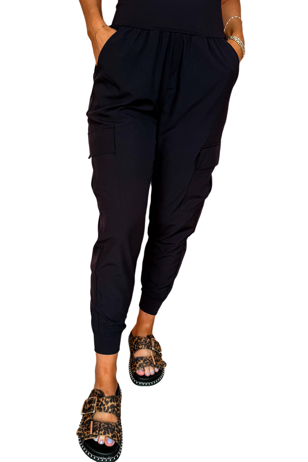 Medium Grey Elastic High Waist Pocketed Cargo Jogger Pants