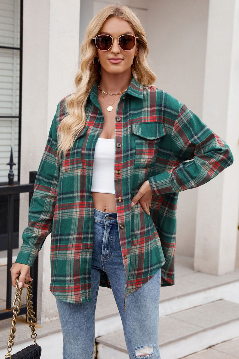 Dark Blue Plaid Chest Pocket Button Front Shirt