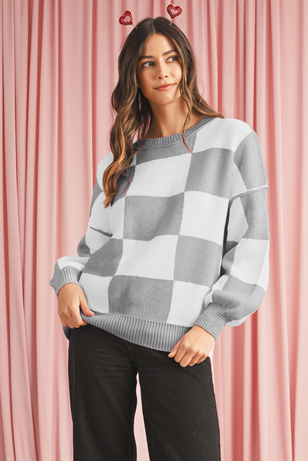 Rose Checkered Bishop Sleeve Pullover Sweater