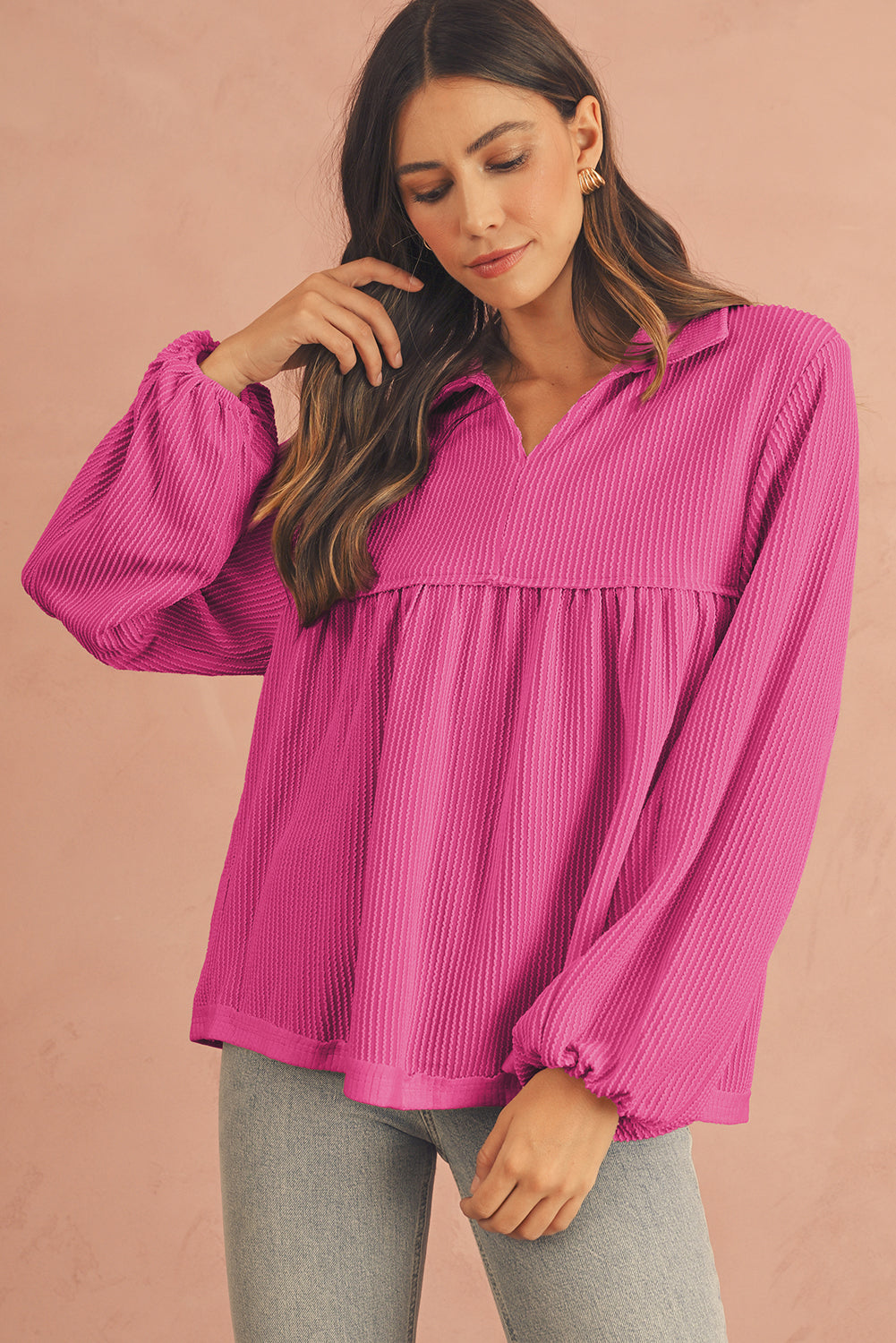 Phalaenopsis Corded Turn-down Collar Bubble Sleeve Babydoll Top