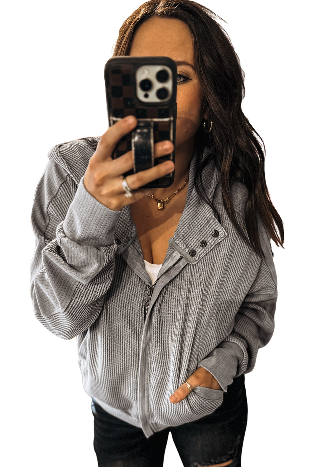 Burgundy Waffle Splicing Zip Up Front Button Hooded Jacket