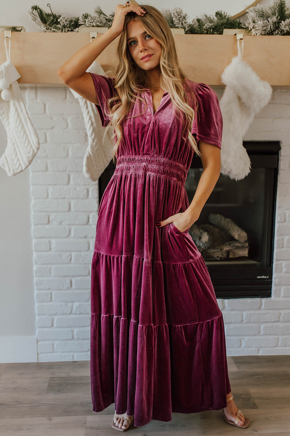 Red Dahlia Velvet Short Sleeve Shirred Waist Tiered Maxi Dress