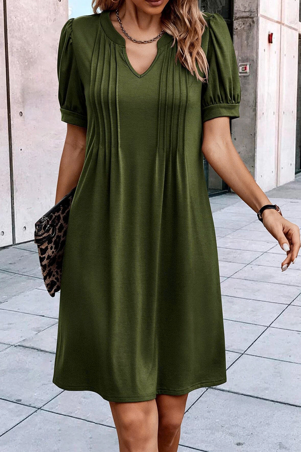 Fern Green Notched Neck Puff Sleeve Pleated T Shirt Dress