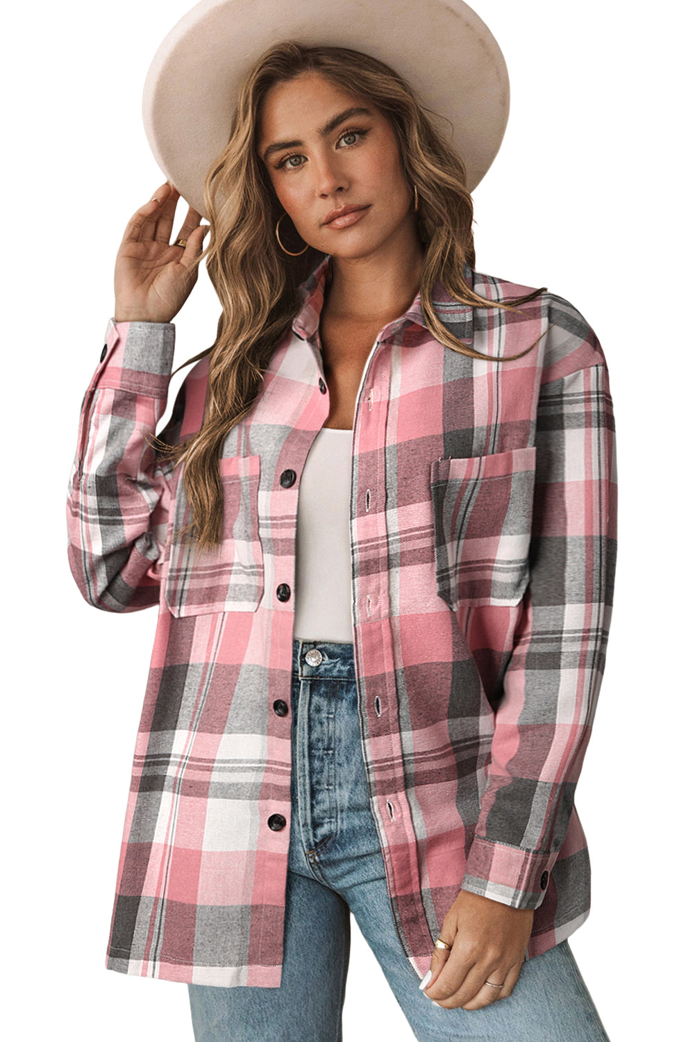 Pink Long Sleeve Collared Button Up Flannel Shacket