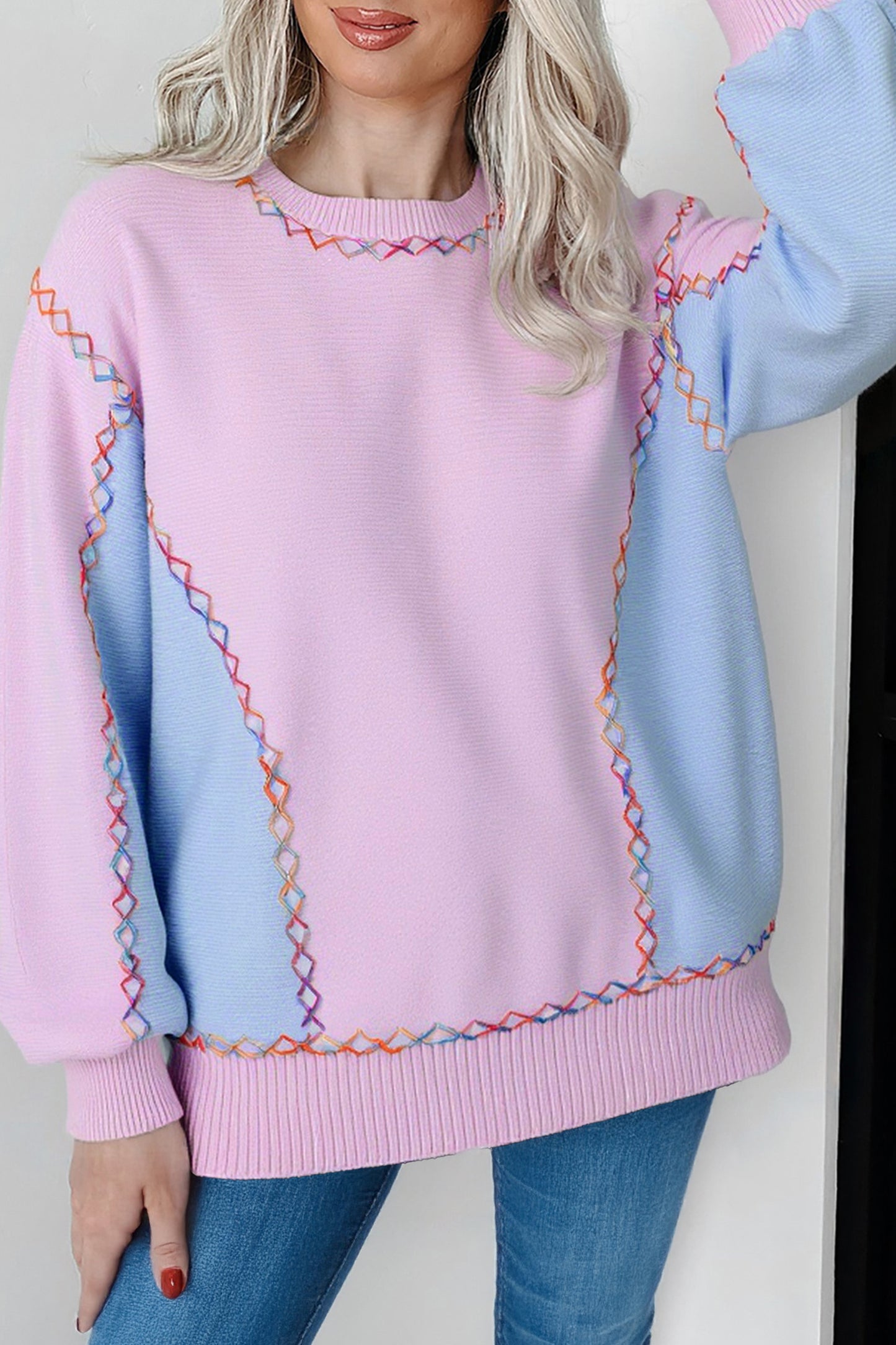 White Rainbow Stitching Balloon Sleeve Relaxed Sweater