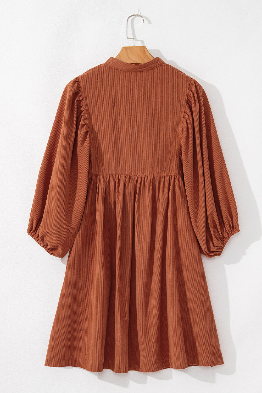 Vineyard Green Light Snap Button Empire Waist Lantern Sleeve Corduroy Dress