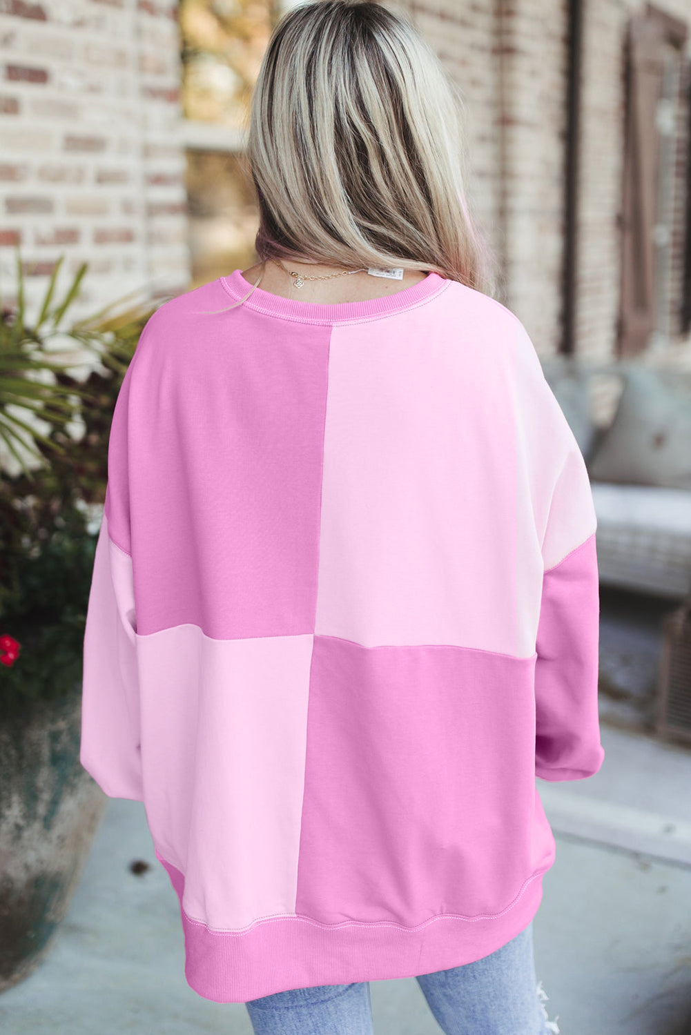 Pink Colorblock High Low Loose Henley Sweatshirt