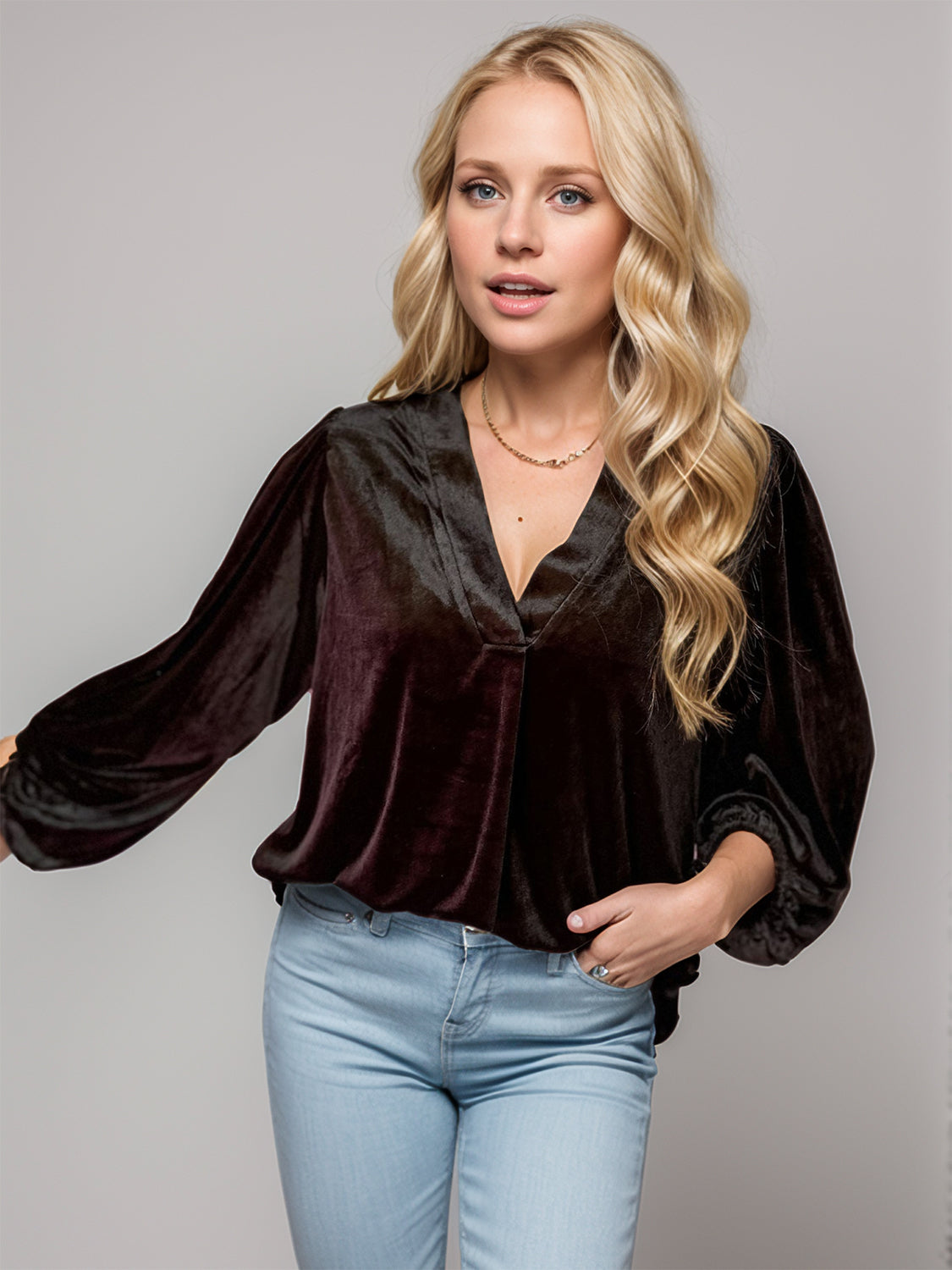 V-Neck Three-Quarter Sleeve Velvet Blouse
