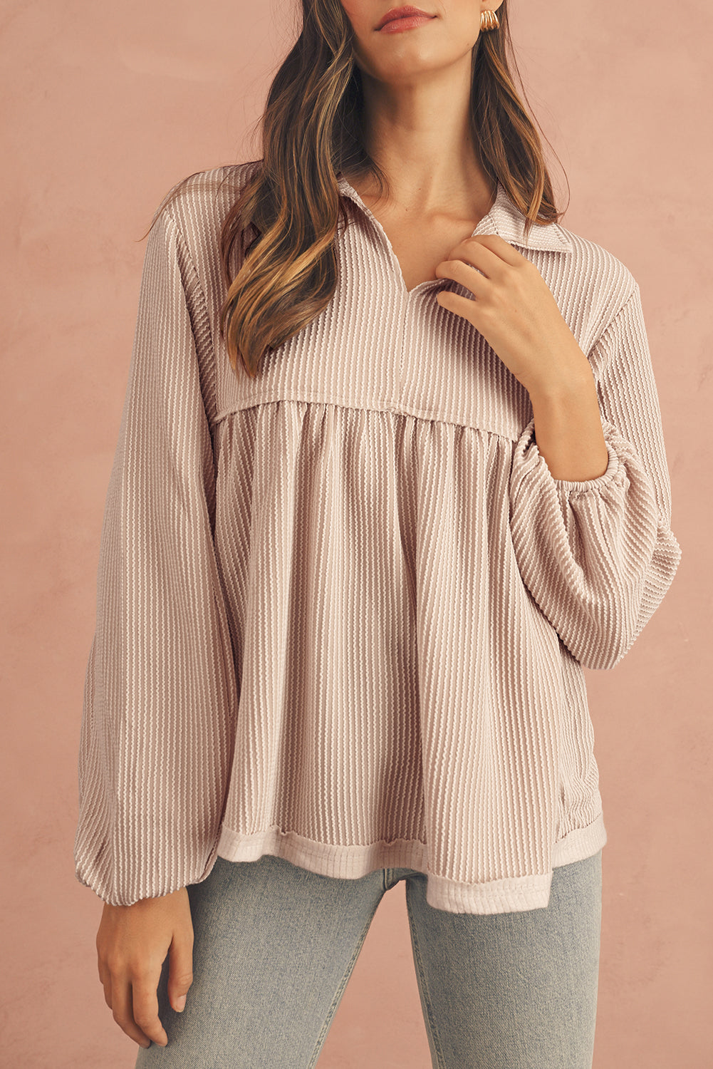 Phalaenopsis Corded Turn-down Collar Bubble Sleeve Babydoll Top