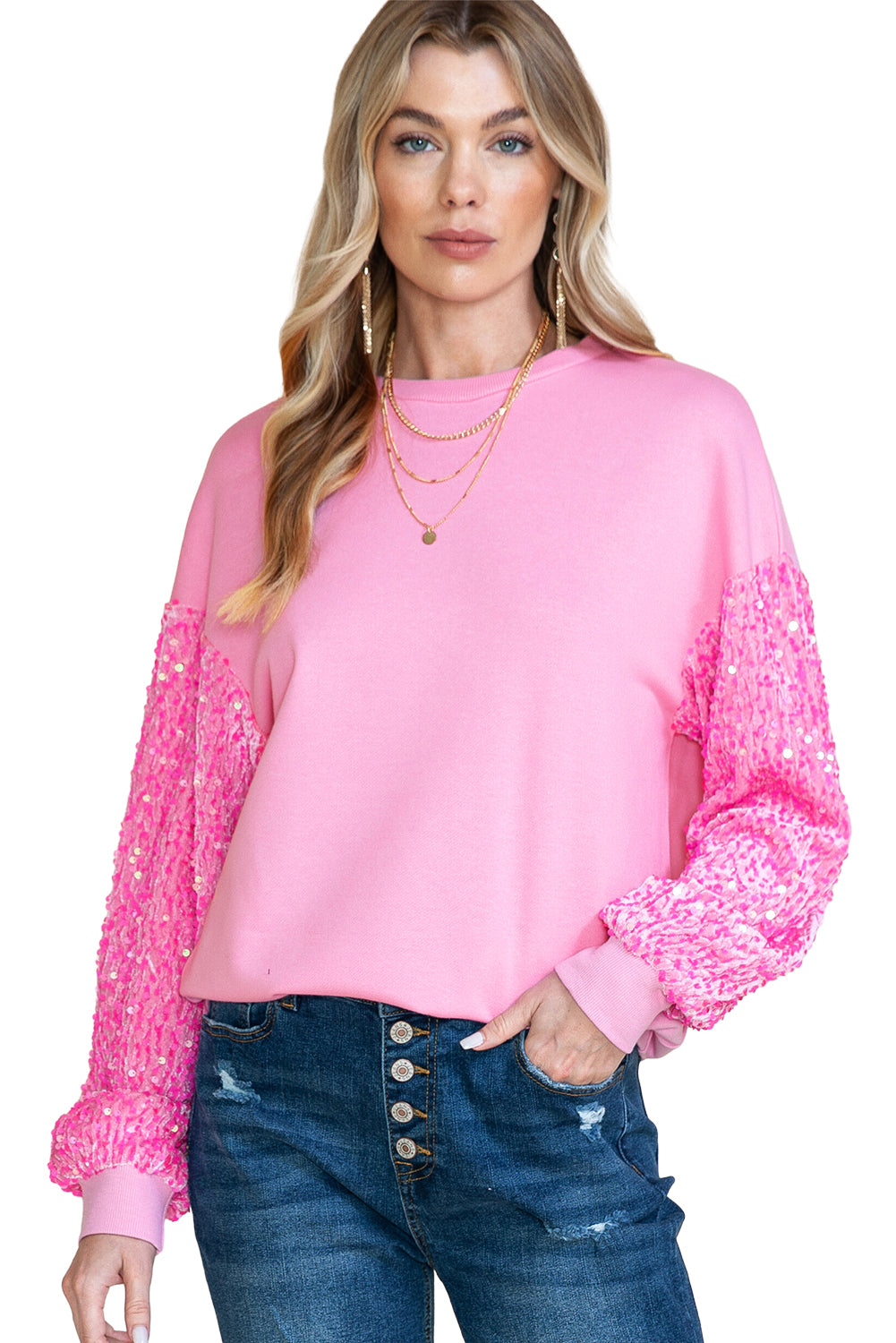 Pink Sequin Patchwork Long Sleeve Pullover Sweatshirt