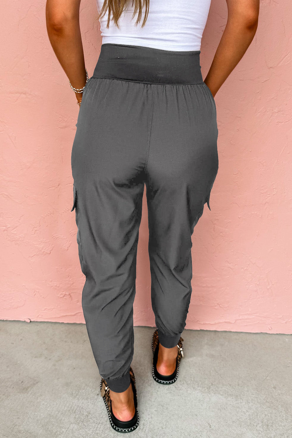 Medium Grey Elastic High Waist Pocketed Cargo Jogger Pants