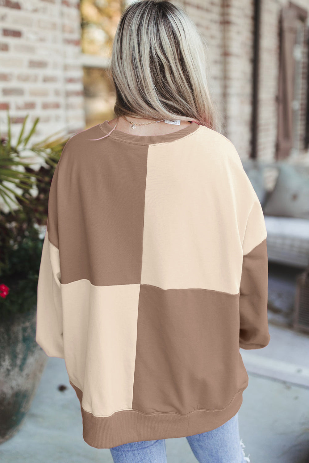 Pink Colorblock High Low Loose Henley Sweatshirt
