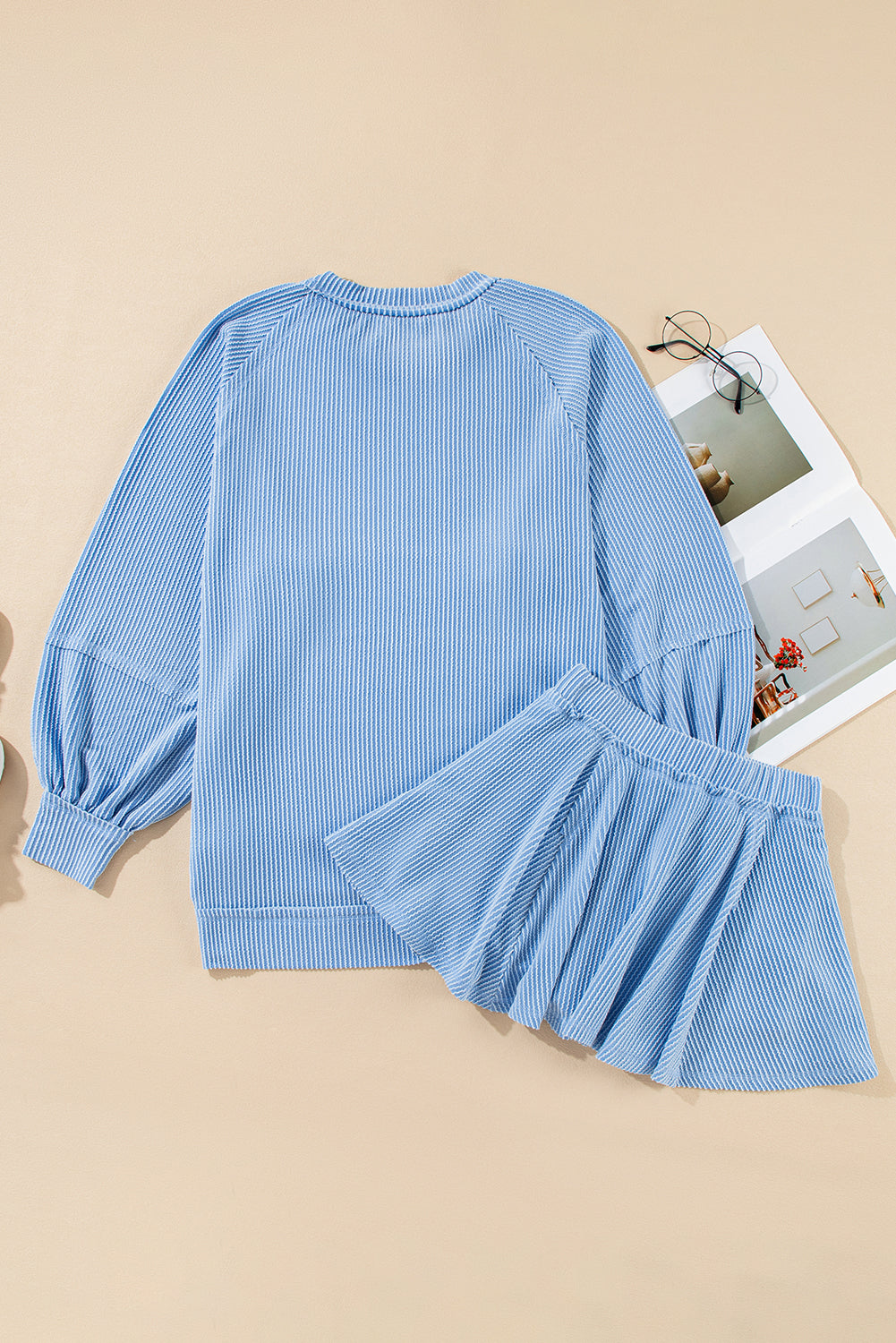 Dark Grey Corded Bishop Sleeve Pullover and Ruffle Mini Skirt Set