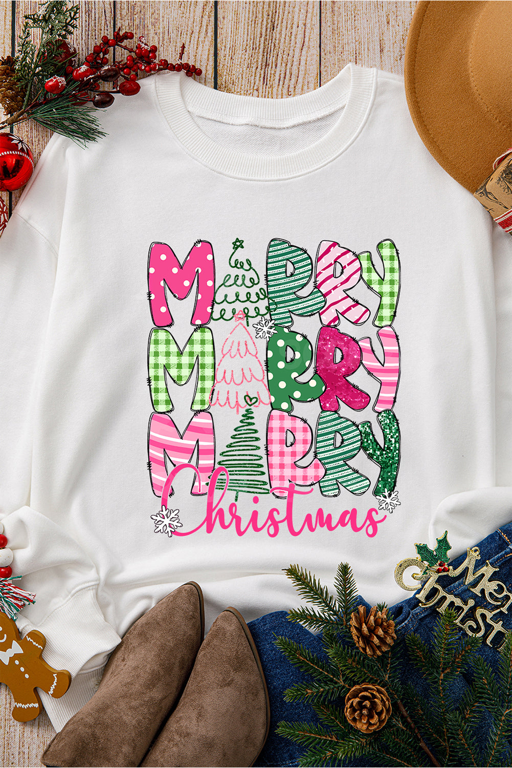 Beige MERRY Christmas Heat Transfer Printing Drop Shoulder Pullover Sweatshirt