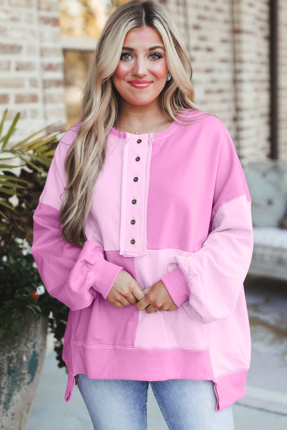 Pink Colorblock High Low Loose Henley Sweatshirt