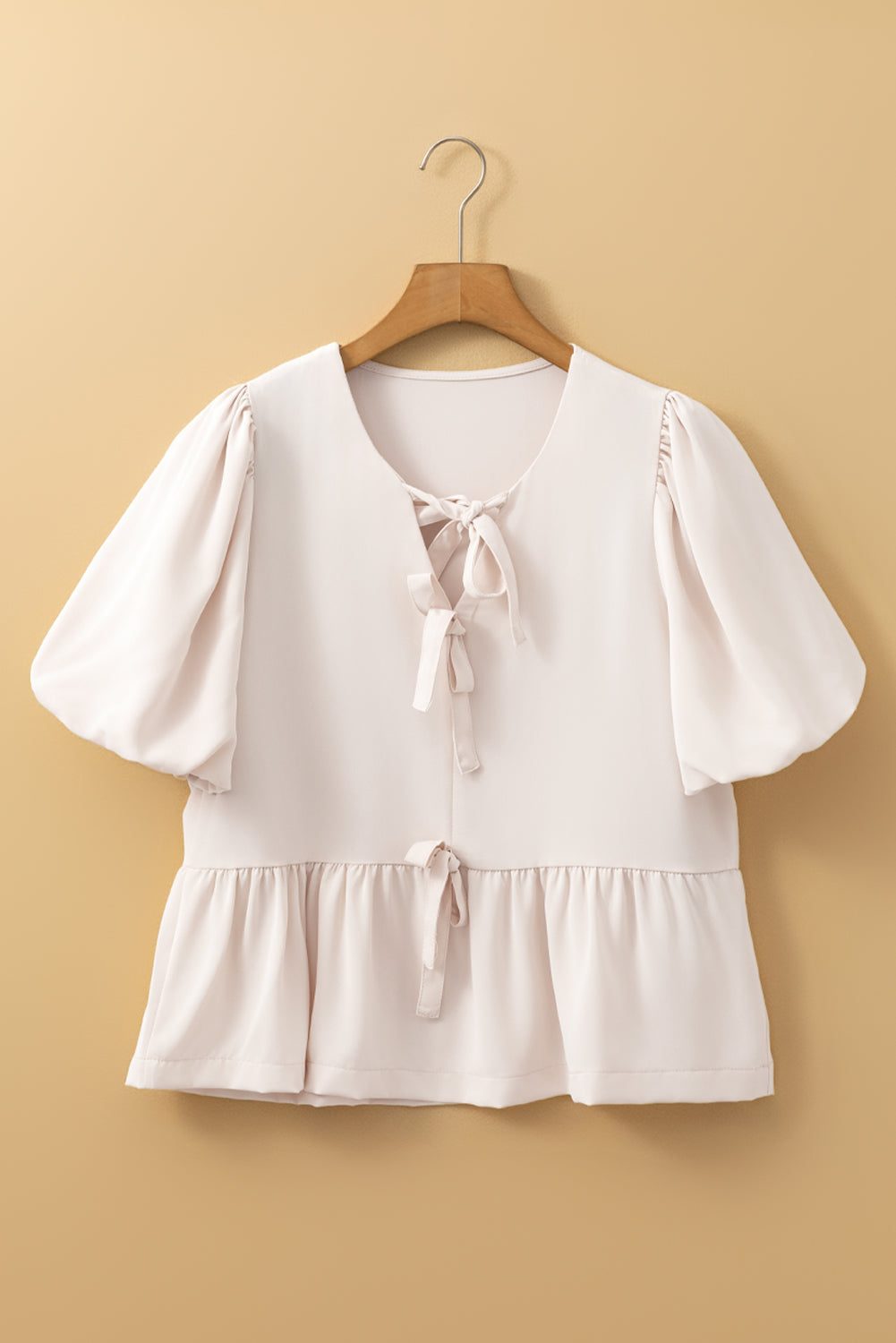 White Sweet Bowknot Puff Sleeve Peplum Blouse