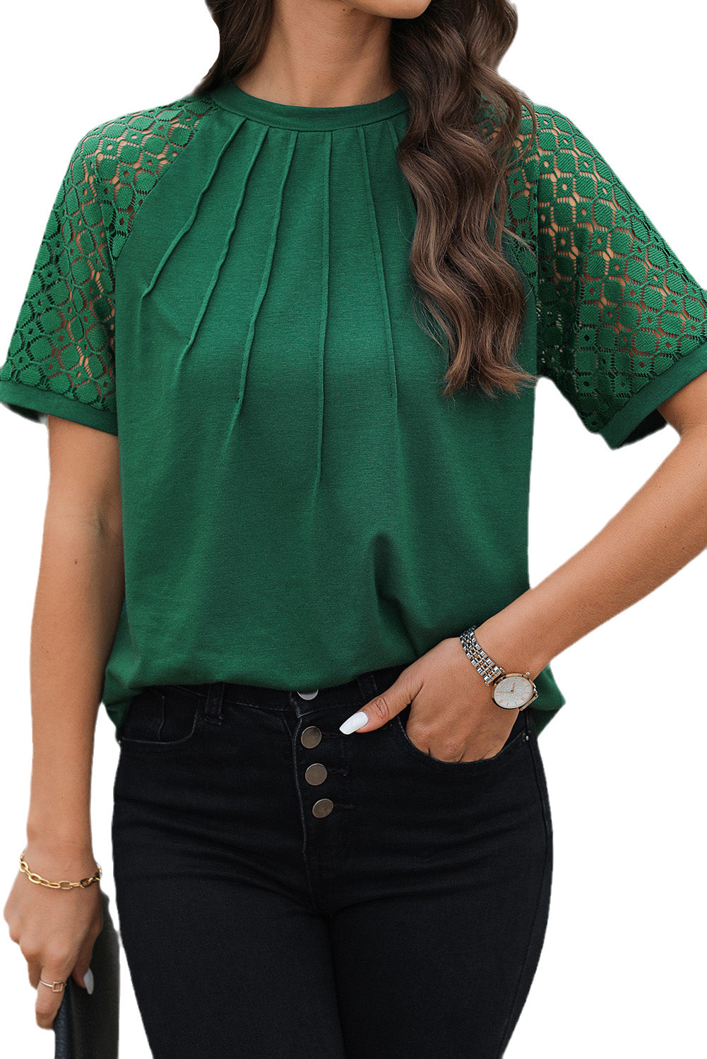 Black Seamed Detail Contrast Lace Raglan Sleeve Tee