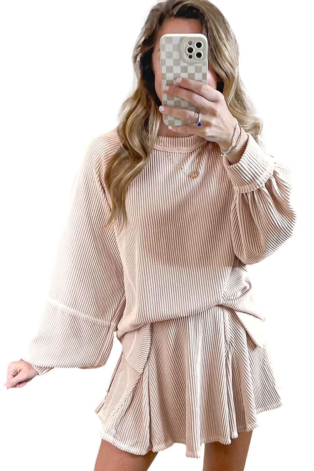 Dark Grey Corded Bishop Sleeve Pullover and Ruffle Mini Skirt Set