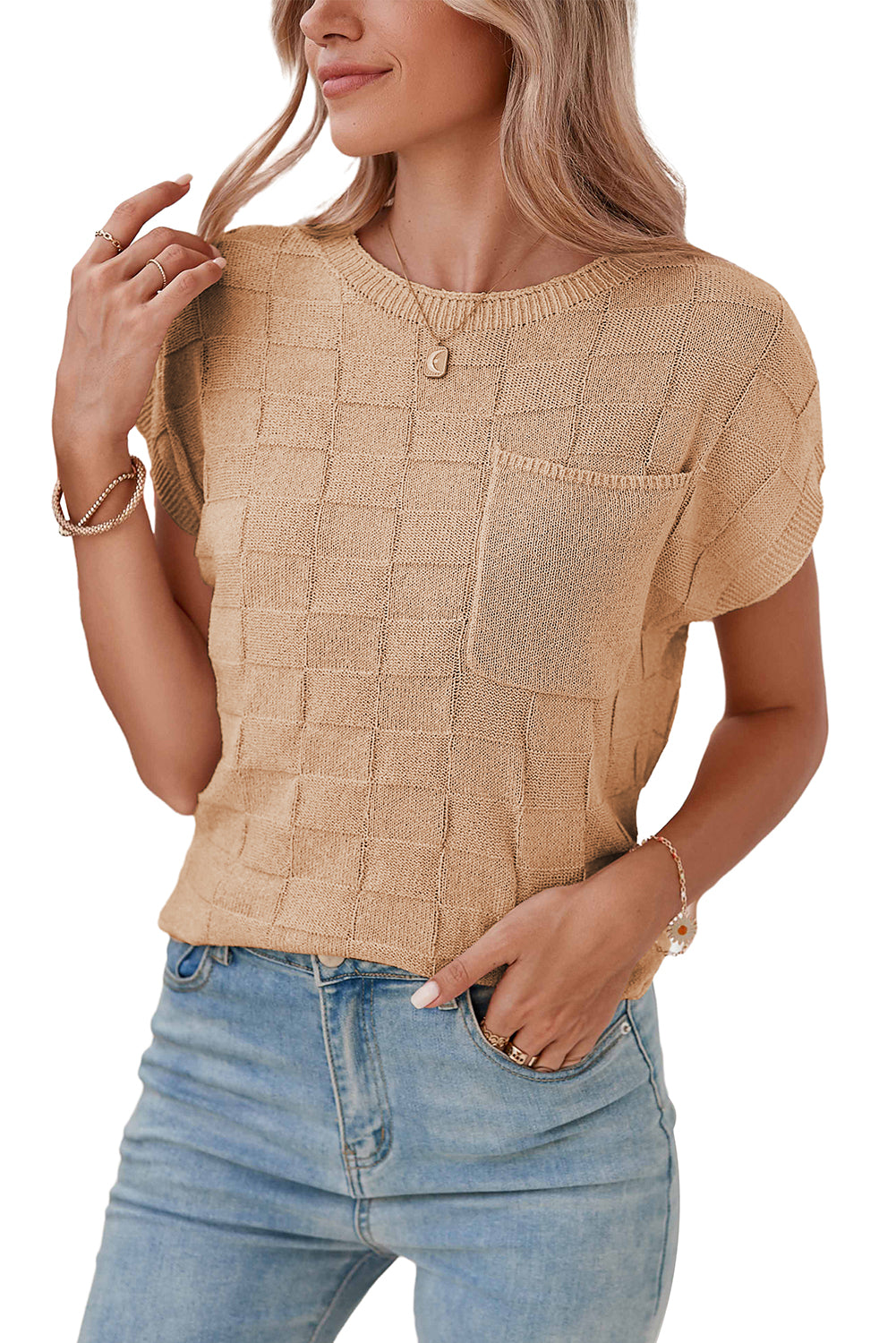 Smoke Gray Lattice Textured Knit Short Sleeve Baggy Sweater