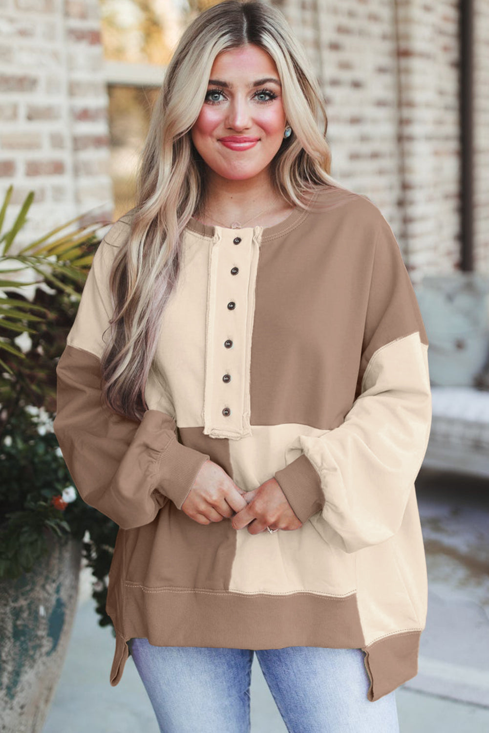 Pink Colorblock High Low Loose Henley Sweatshirt