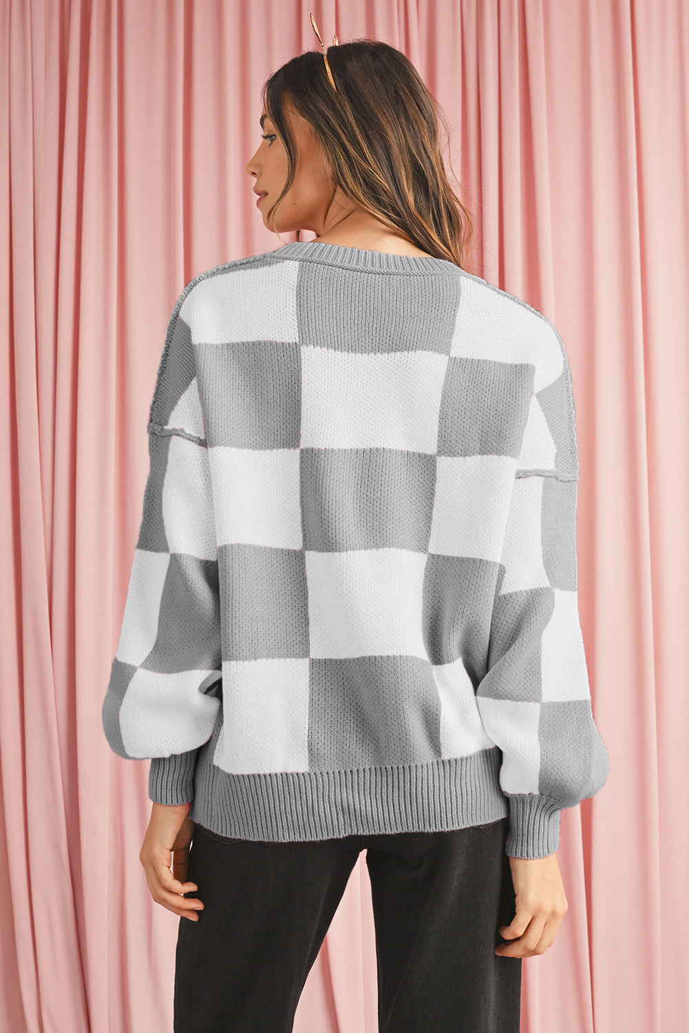 Rose Checkered Bishop Sleeve Pullover Sweater