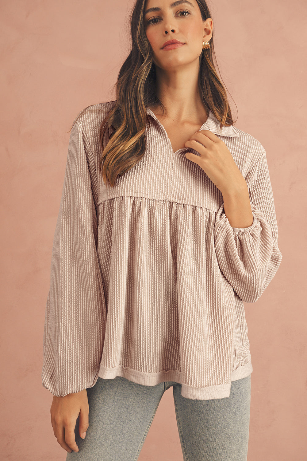 Phalaenopsis Corded Turn-down Collar Bubble Sleeve Babydoll Top