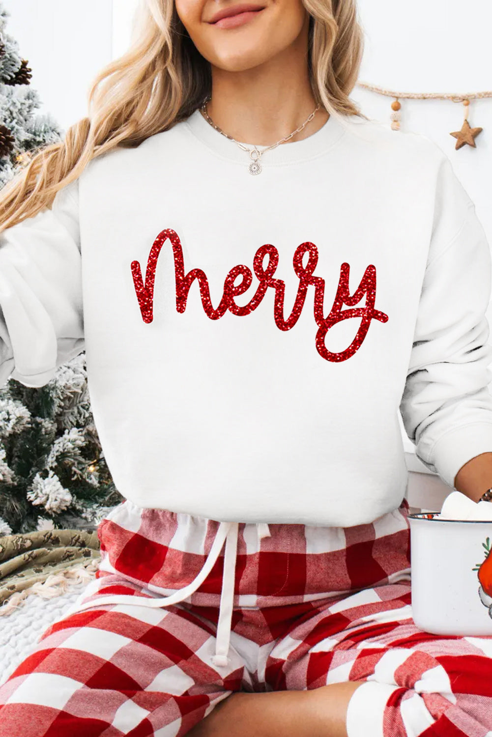 Beige Glitter Merry Graphic Transfer Vinyl Process Crew Neck Sweatshirt
