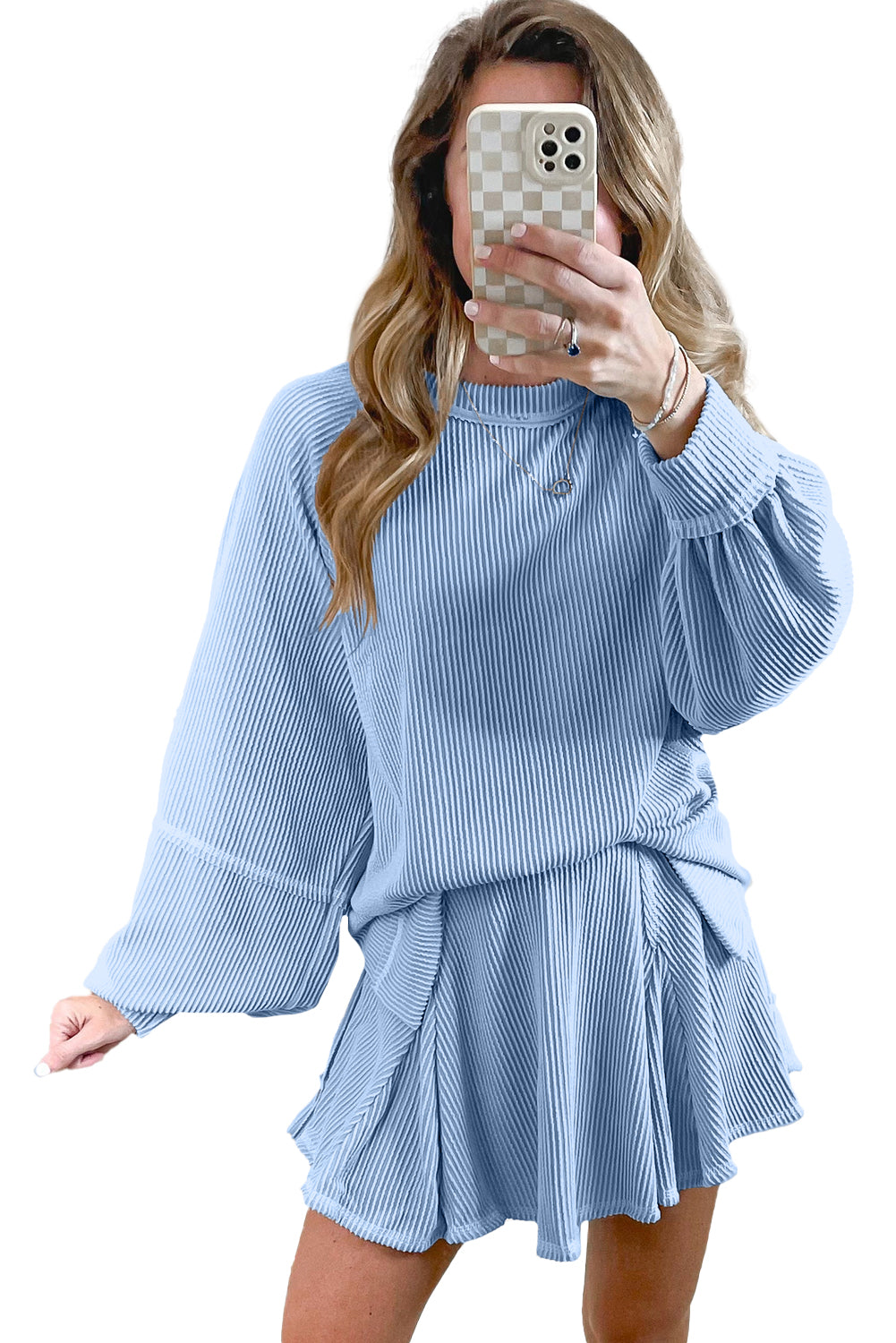 Dark Grey Corded Bishop Sleeve Pullover and Ruffle Mini Skirt Set