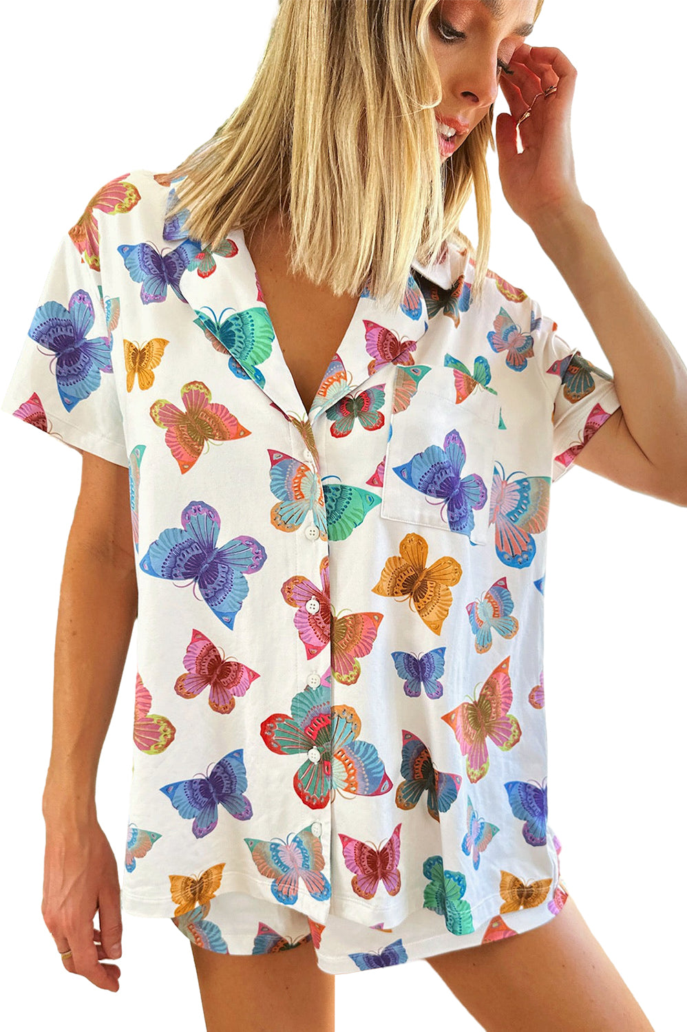 Multicolour Butterfly Print Button-up Shirt & Shorts Pajama Set