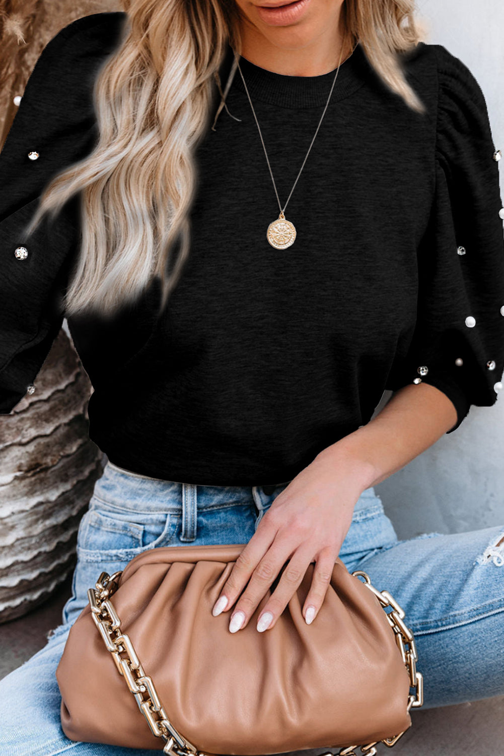 Rhinestone Pearl Detail Puff Sleeve Plain Top