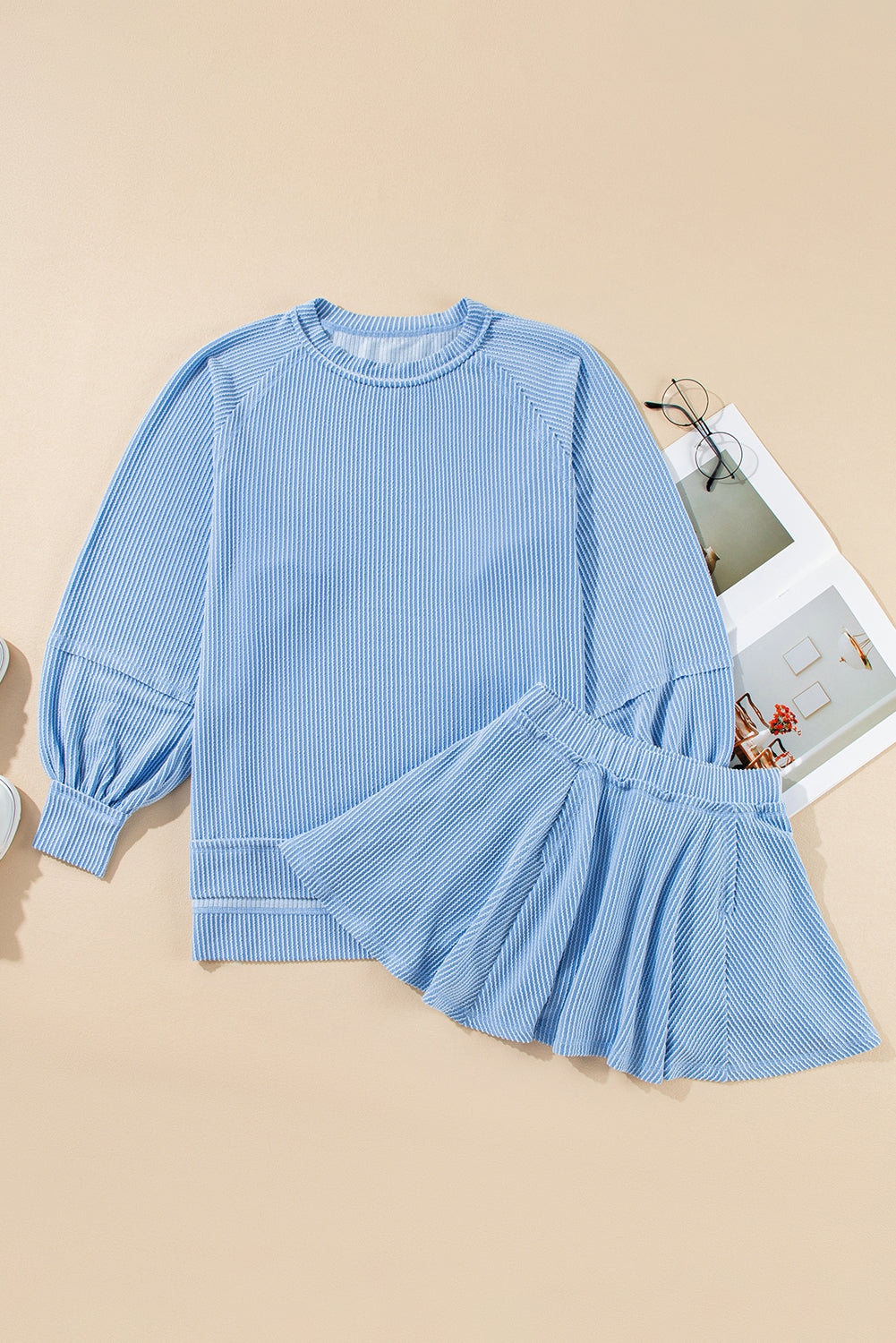 Dark Grey Corded Bishop Sleeve Pullover and Ruffle Mini Skirt Set