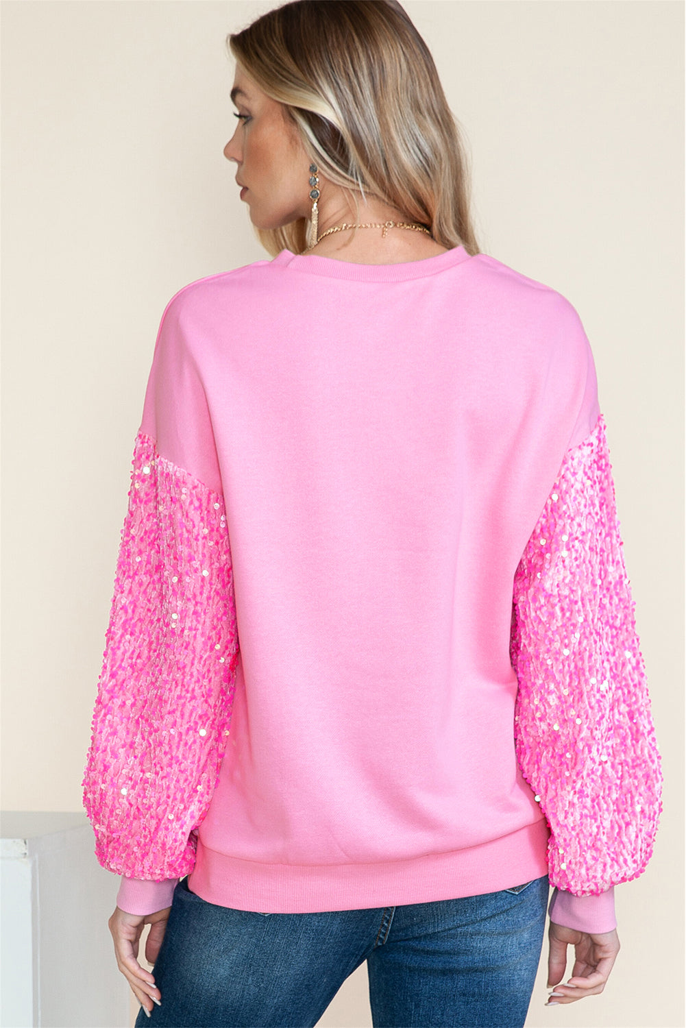 Pink Sequin Patchwork Long Sleeve Pullover Sweatshirt