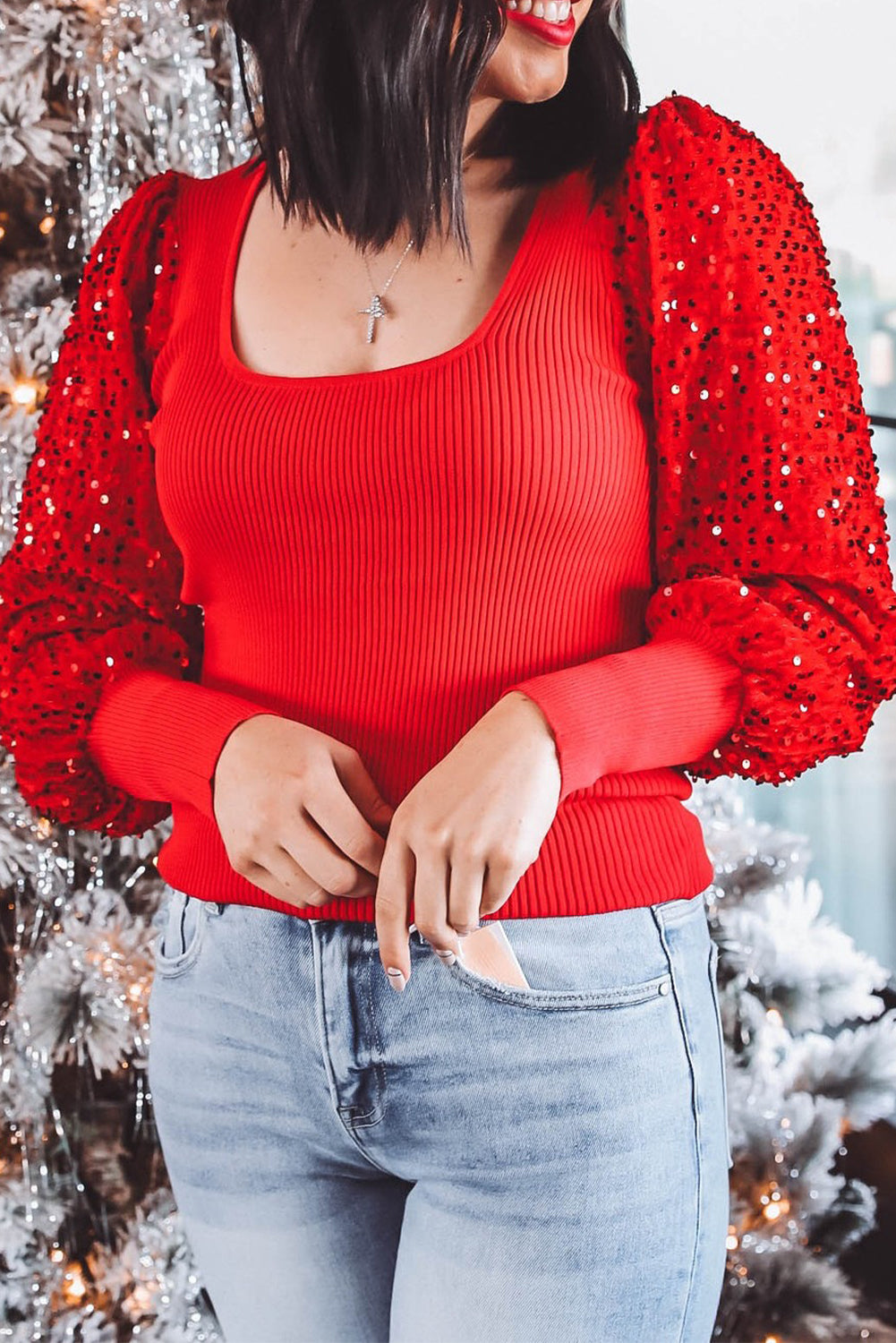 A Fiery Red Sequin Sleeve Patchwork Ribbing Knit Square Neck Holiday Sweater