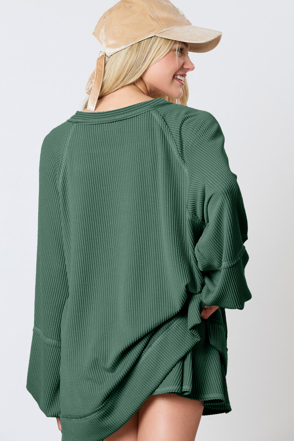 Dark Grey Corded Bishop Sleeve Pullover and Ruffle Mini Skirt Set