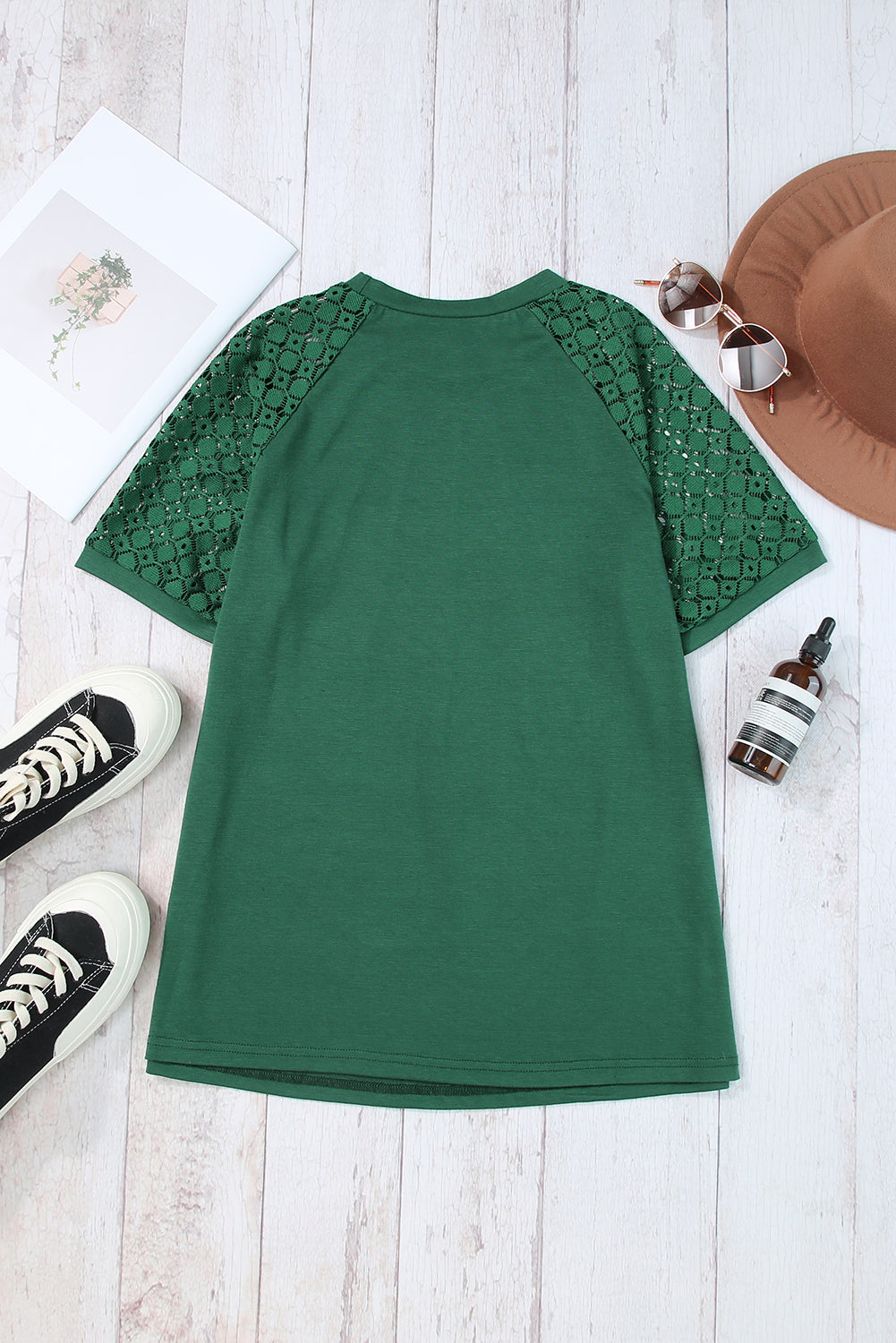 Black Seamed Detail Contrast Lace Raglan Sleeve Tee