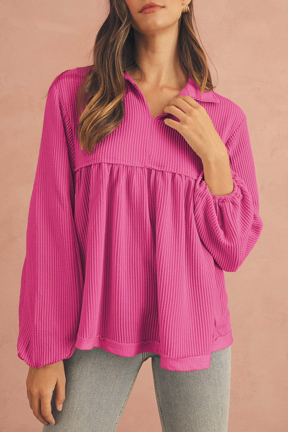 Phalaenopsis Corded Turn-down Collar Bubble Sleeve Babydoll Top
