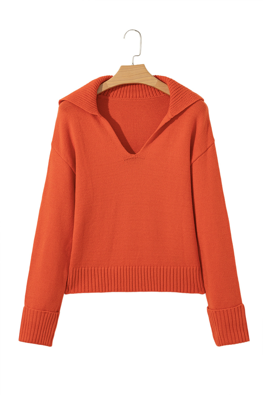 Chestnut Ribbed Edge Collared V Neck Loose Fit Sweater