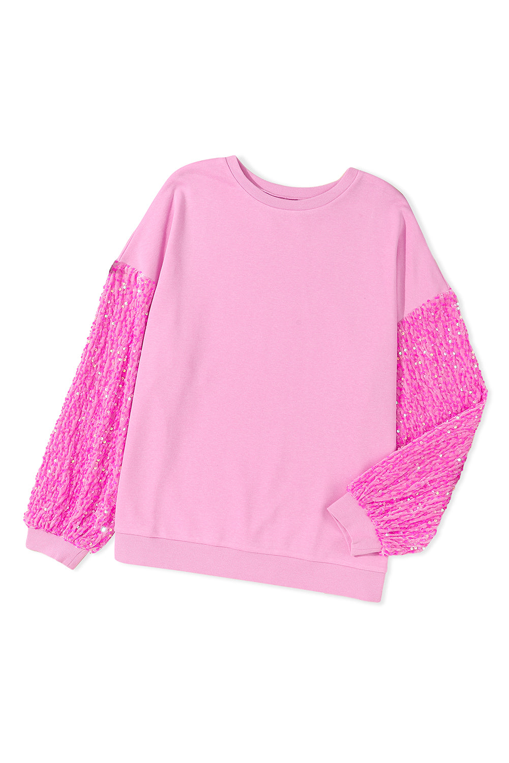Pink Sequin Patchwork Long Sleeve Pullover Sweatshirt