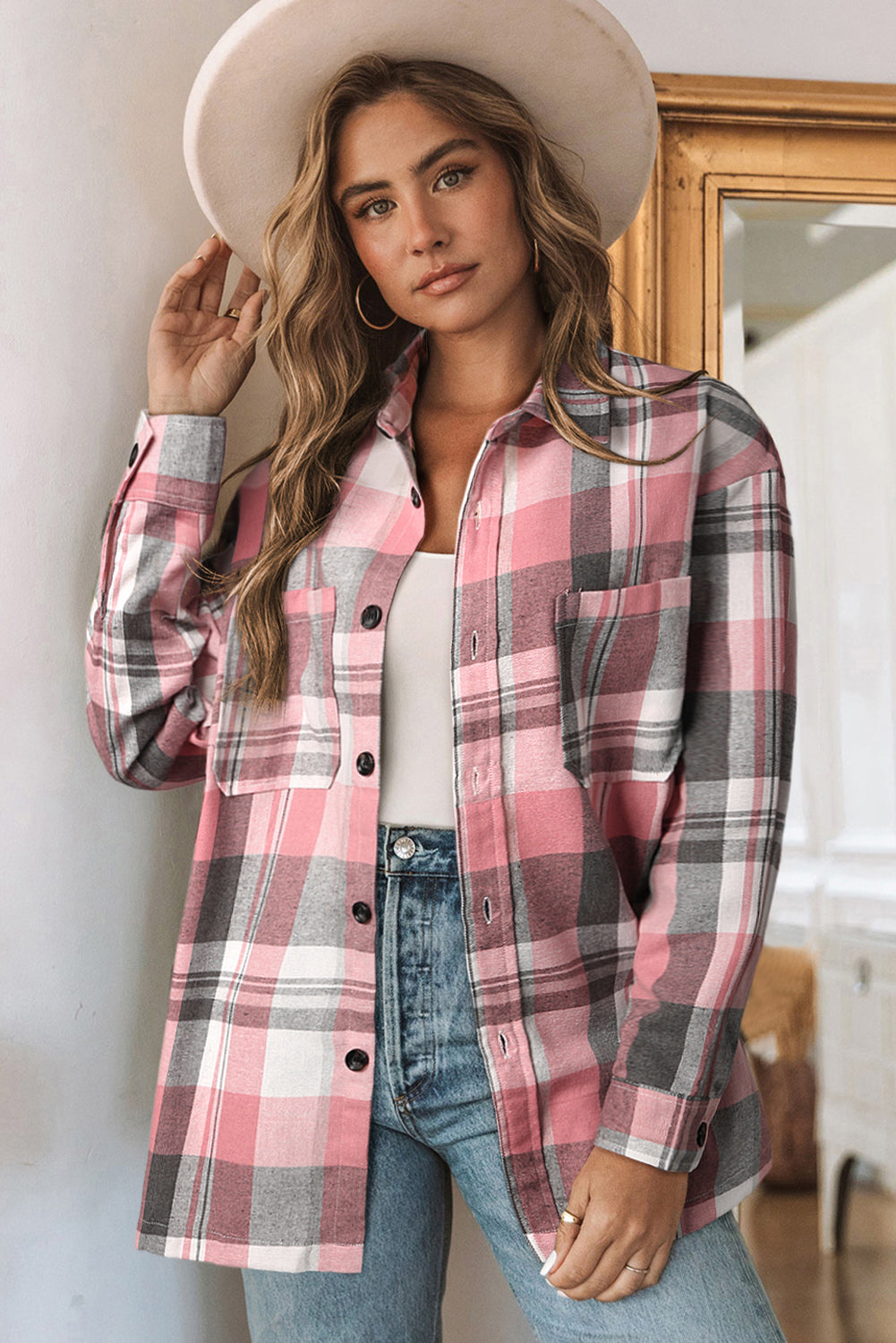 Pink Long Sleeve Collared Button Up Flannel Shacket