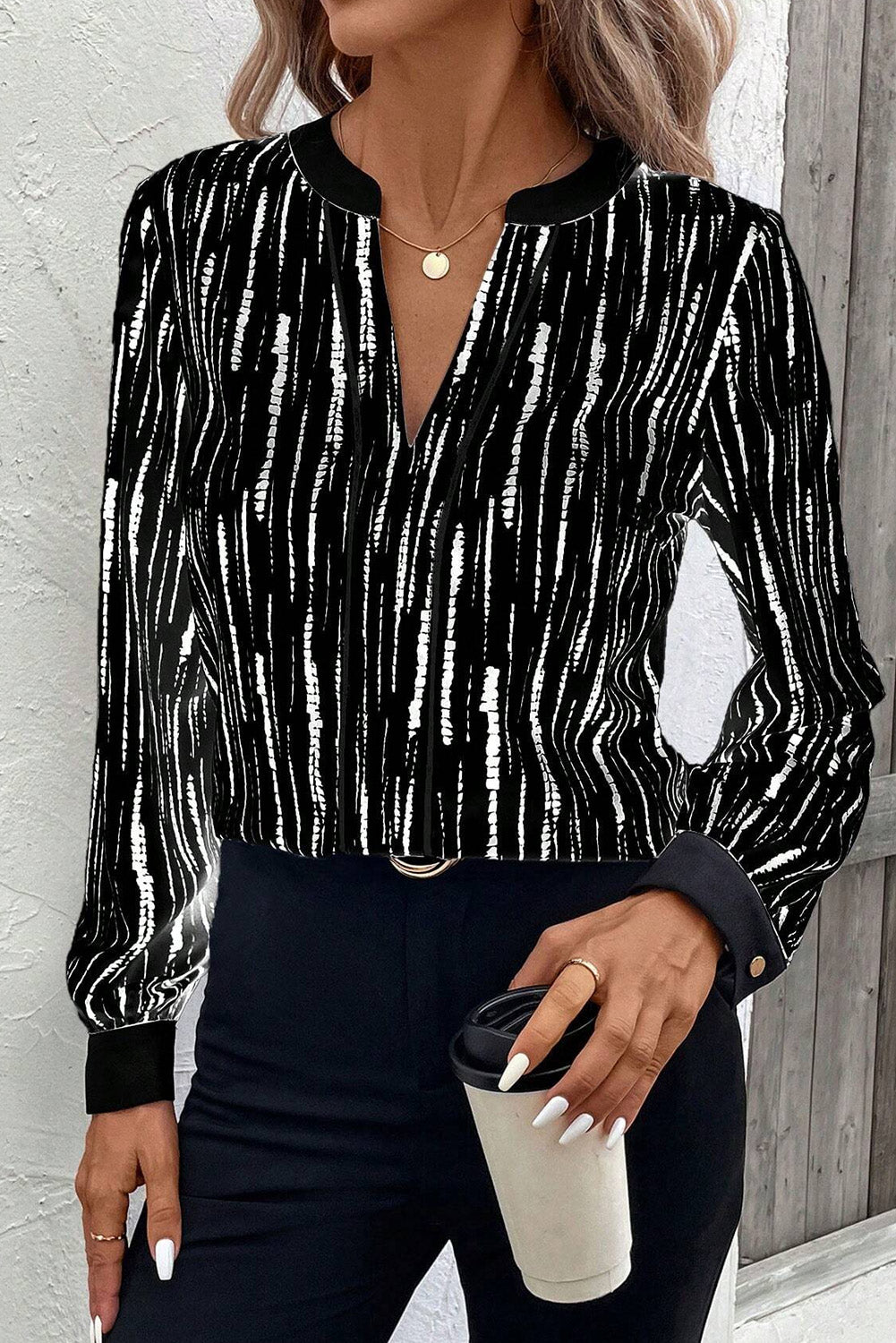 White Abstract Print V-neck Long-sleeve Blouse