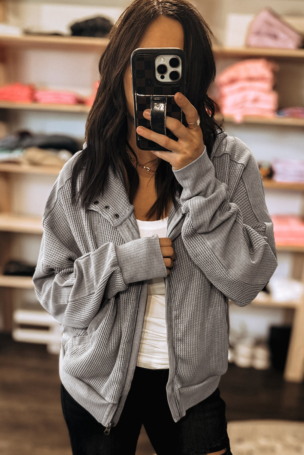 Burgundy Waffle Splicing Zip Up Front Button Hooded Jacket
