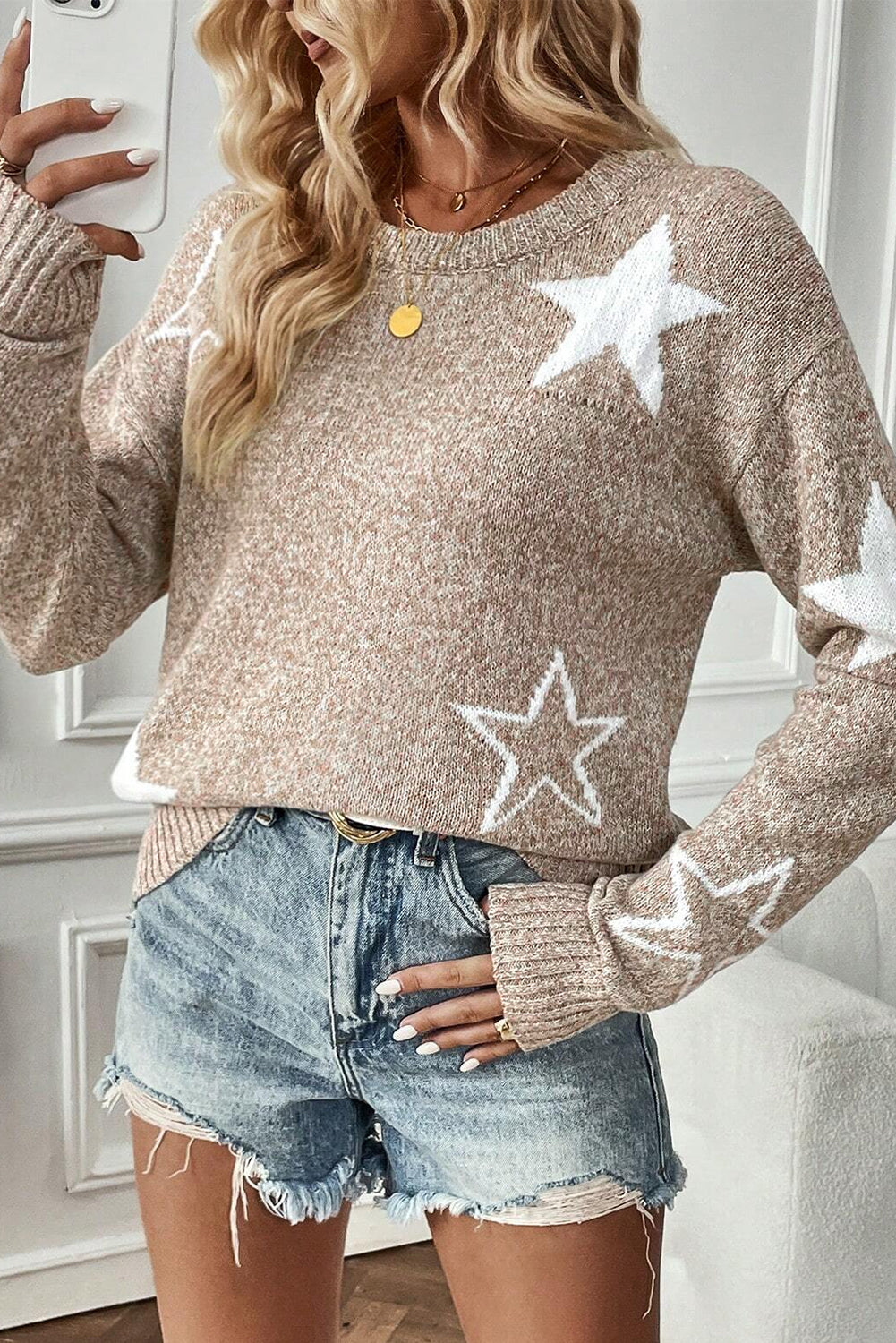 Green Star Pattern Drop Shoulder Knit Sweater