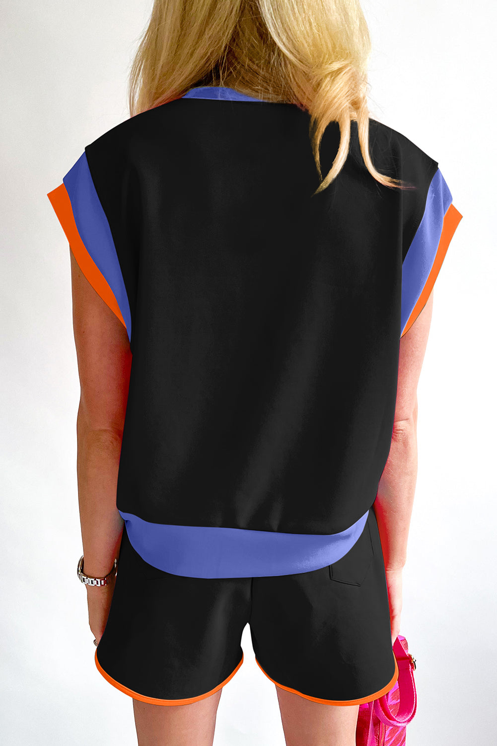 Blue Color Block Loose Fit Top and Elastic Waist Shorts Set