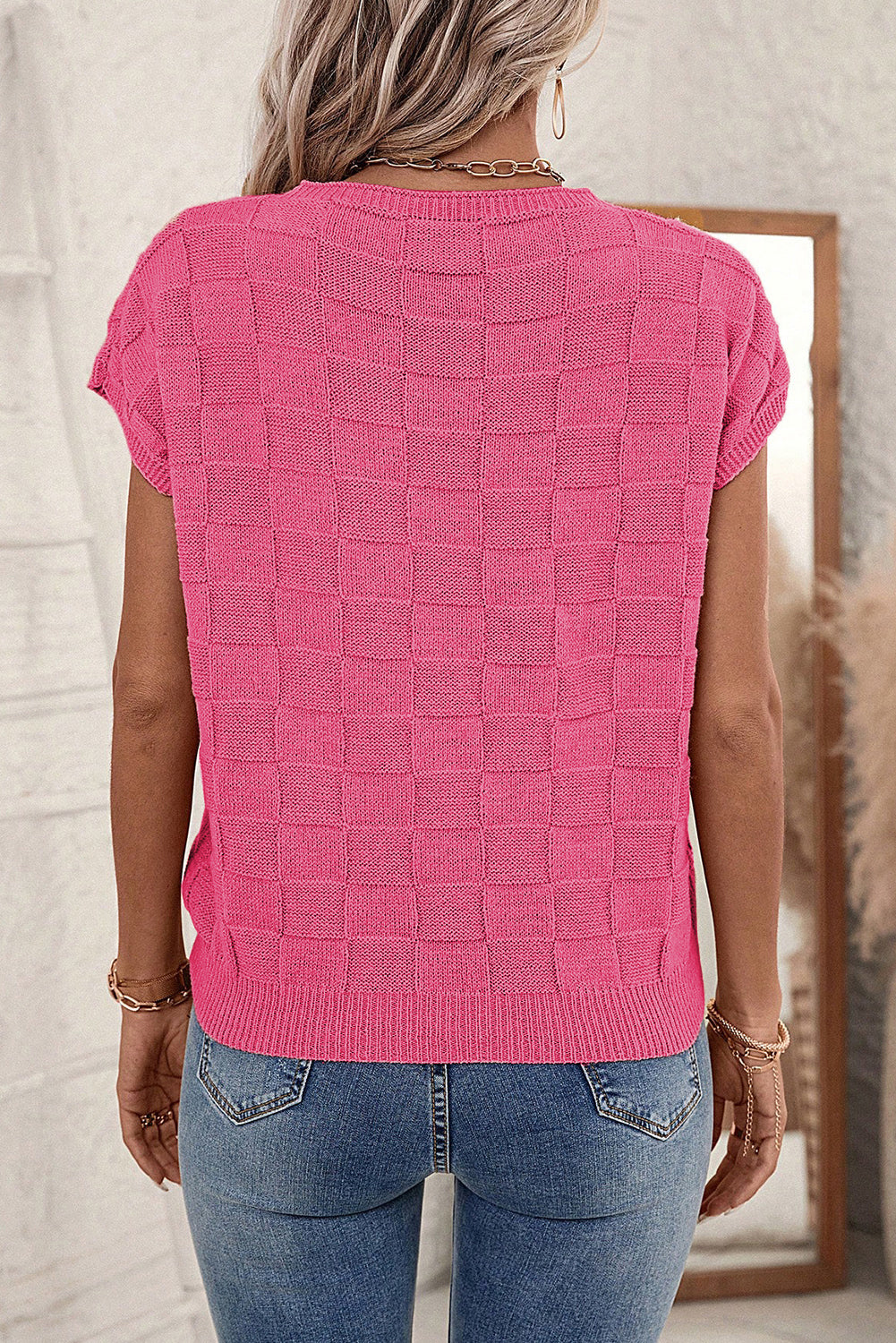 Smoke Gray Lattice Textured Knit Short Sleeve Baggy Sweater