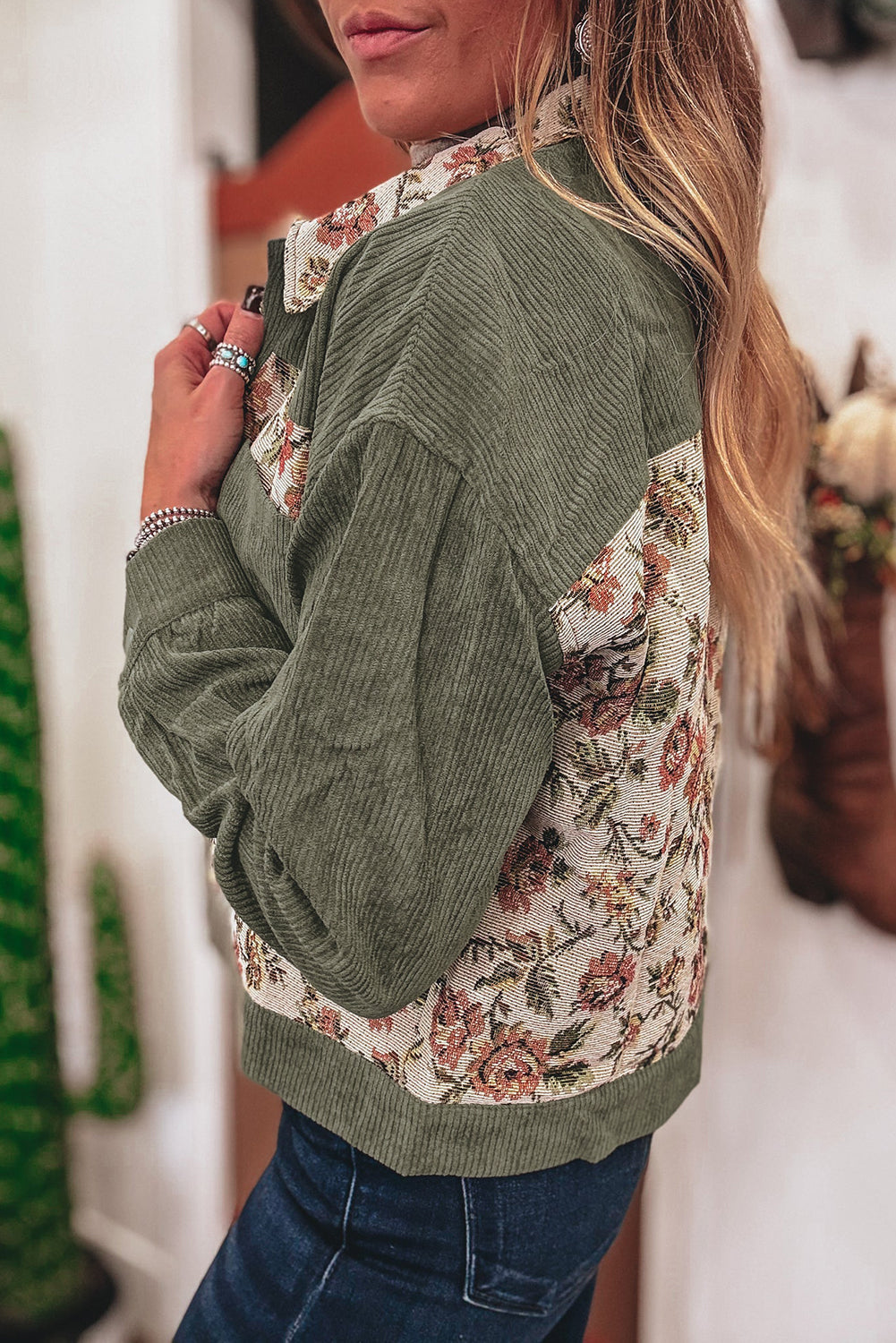 A Sage Green Ribbed Retro Floral Patchwork Jacket