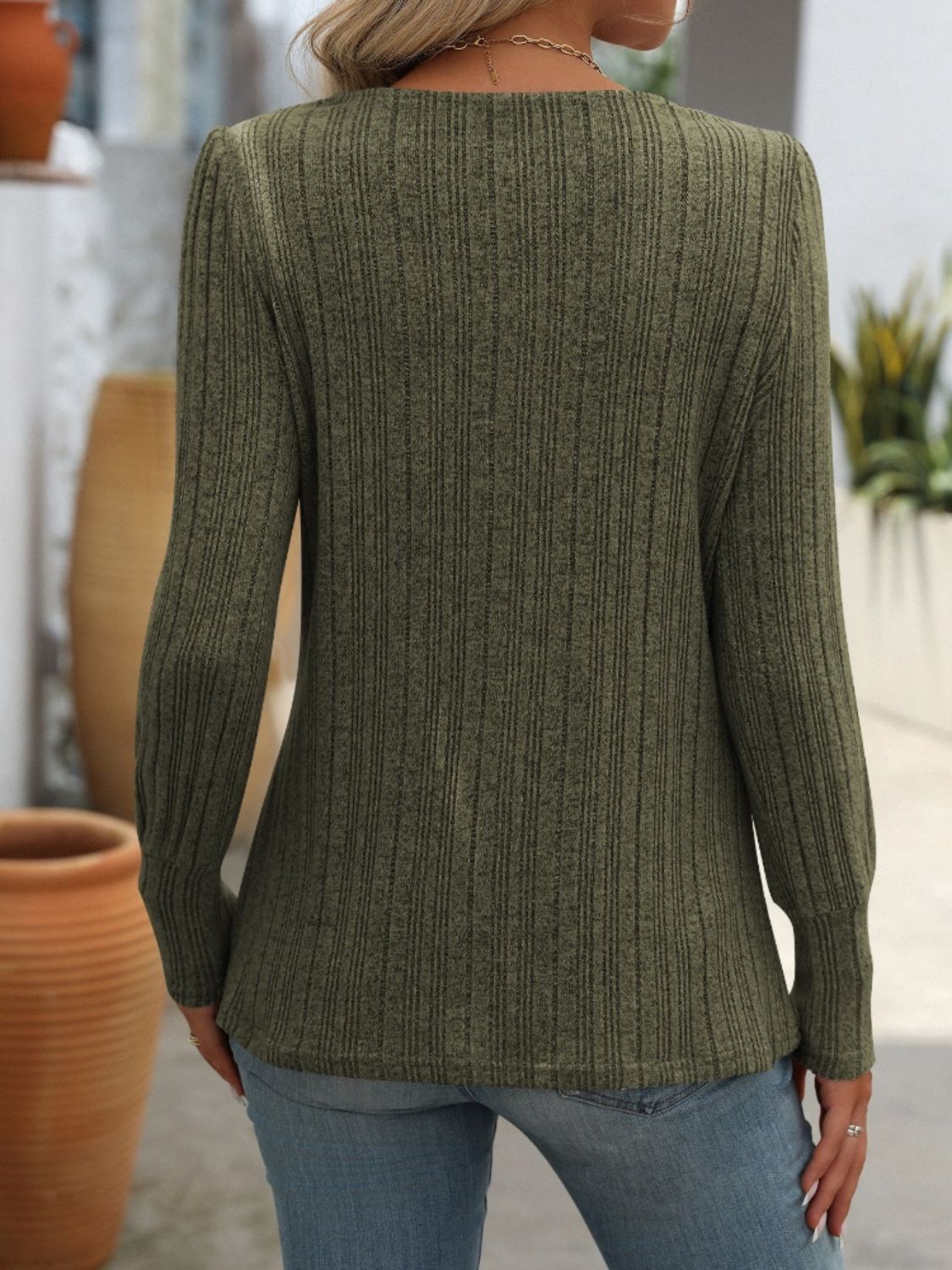 Decorative Button Striped Square Neck Long Sleeve Sweater